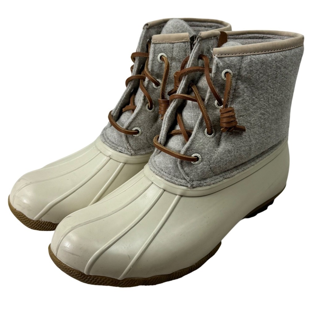 Sperry Saltwater Duck Boots Women 7.5 Ivory Grey Wool Thinsulate STS82473 Winter